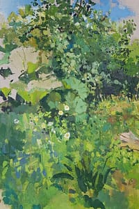 Oil painting of an Irish garden in summer.