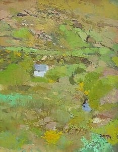 Irish landscape painting of cottage on hillside in many shades of green