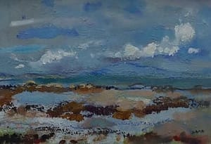 Irish seascape painting of sea sky and shore in shades of blue by Irish artist.