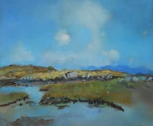 Irish landscape painting in oil on canvas of bog, blue sky and sea