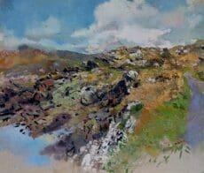 Artwork landscape painting of rocky hillside with cottage