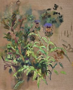 Floral art. Painting of artichoke flowers.
