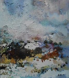 landscape painting of Irish snow scene with plants and trees in red and brown set against a white hillside