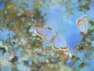 oil painting of two blue butterflies on blue background