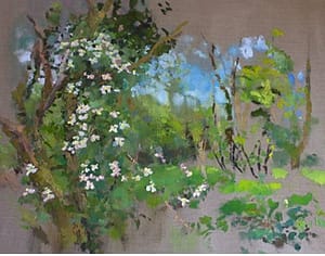 Landscape painting of summer garden by Irish landscape artist.