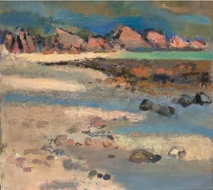 Landscape painting of a beach at low tide. Irish coast with sea, beach and rocky shore.