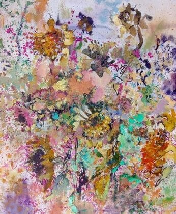 colourful semi abstract oil painting of flowers - by irish landscape painter Dana Winder
