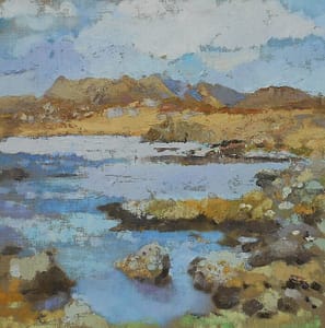 lake with stony shore distant mountains and sky in bold textured paint