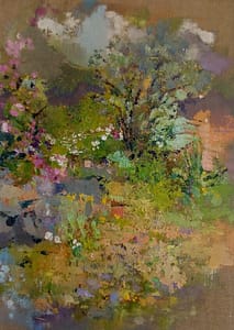 oil painting garden landscape scene in summer - palette knife painting impasto effect - impressionist style artwork